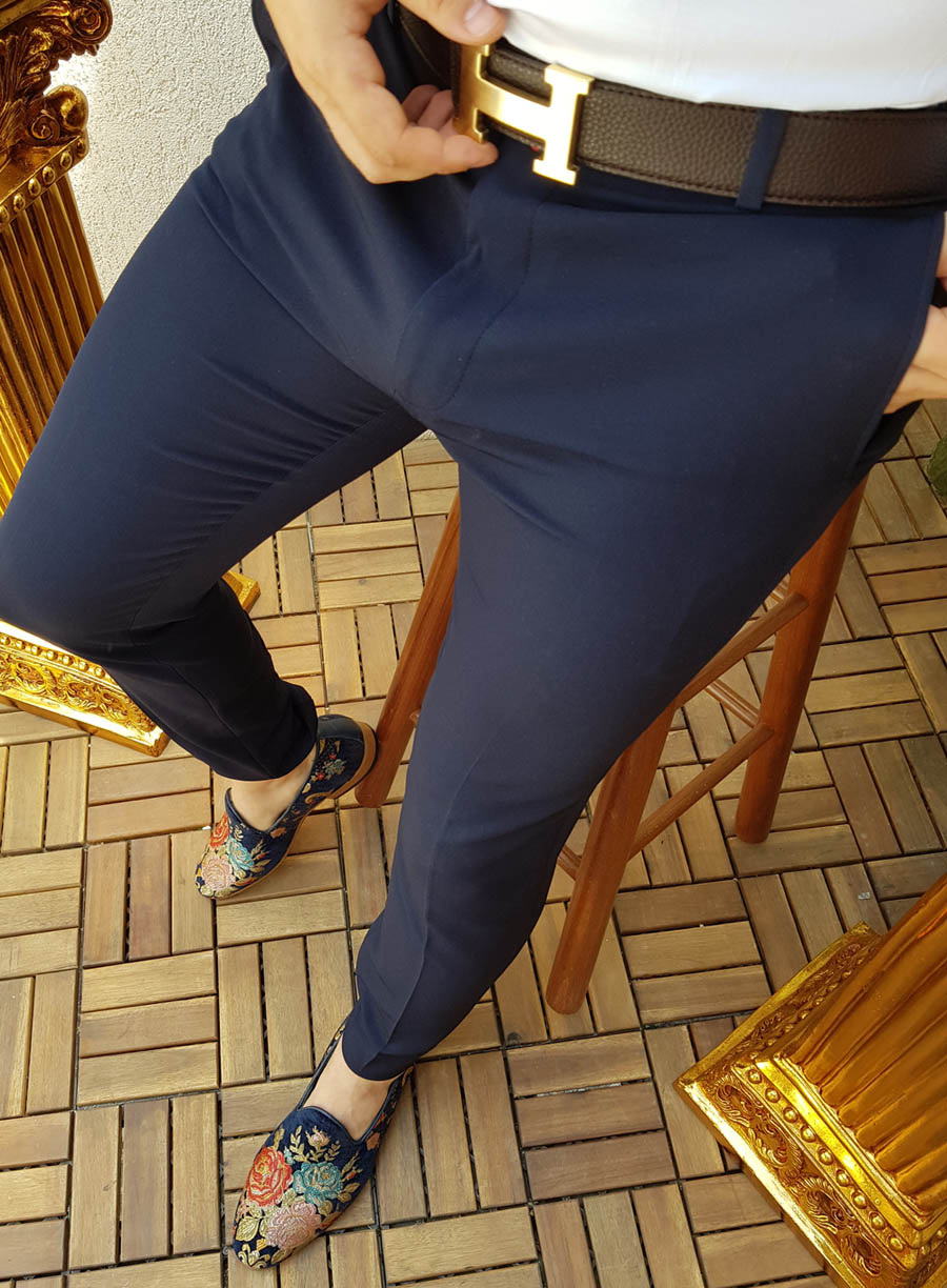Pantalon de barbati, slim fit, bleumarin, elastic si conic - pn308