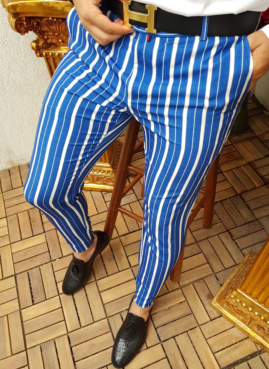 Pantaloni barbati slim fit, albastri cu dungi albe, conici - pn329