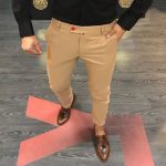 Pantaloni eleganți de bărbați, Crem Auriu, Slim Fit - PN76
