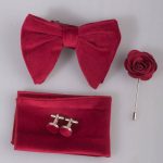 Ensemble nœud papillon bordeaux ample avec boutons de manchette, broche et mouchoir - P89