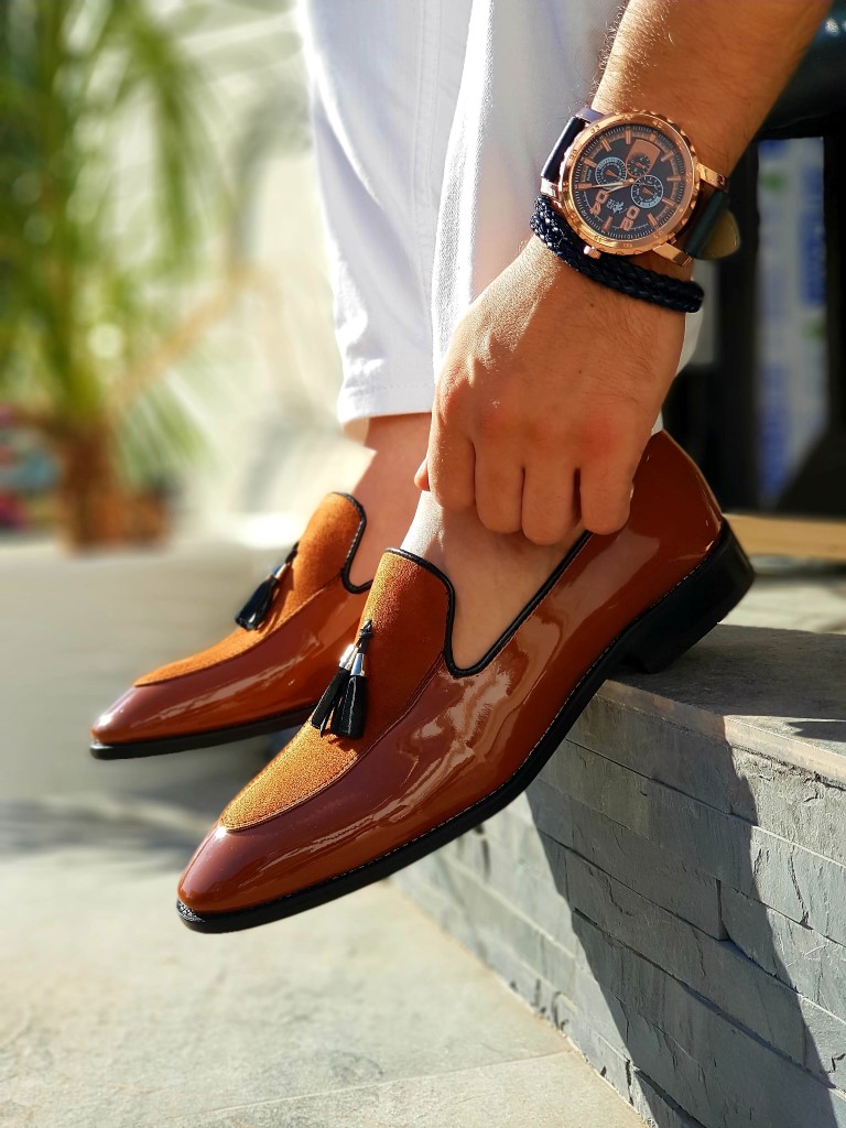 Pantofi de barbati / LOAFERS, Maro lacuiti cu piele intoarsa si ciucuri - P265 - imagine 4