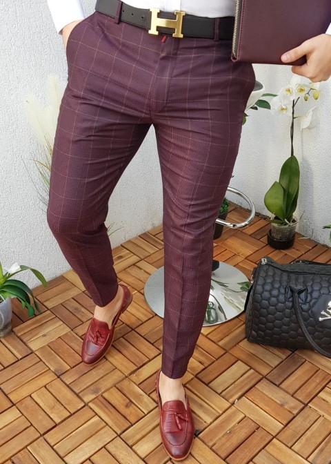 Pantaloni eleganti de barbati, Slim Fit, Bordeaux cu patratele, Conici - PN165