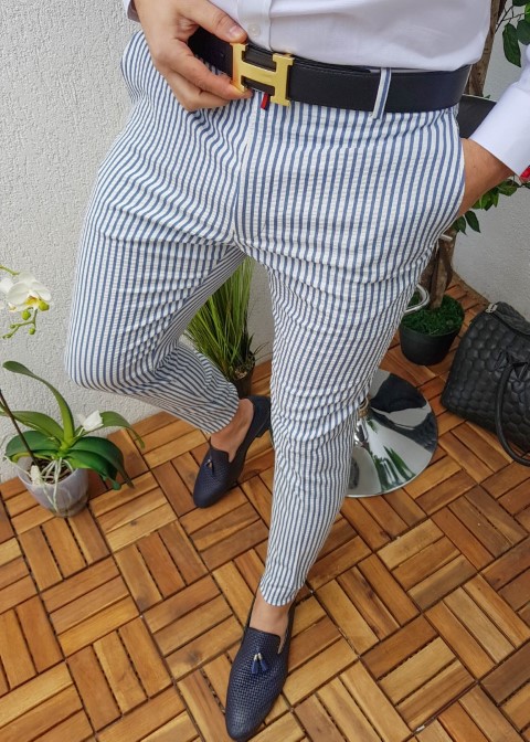 Pantaloni eleganti de barbati, Slim Fit, alb in dungi, conici - PN203