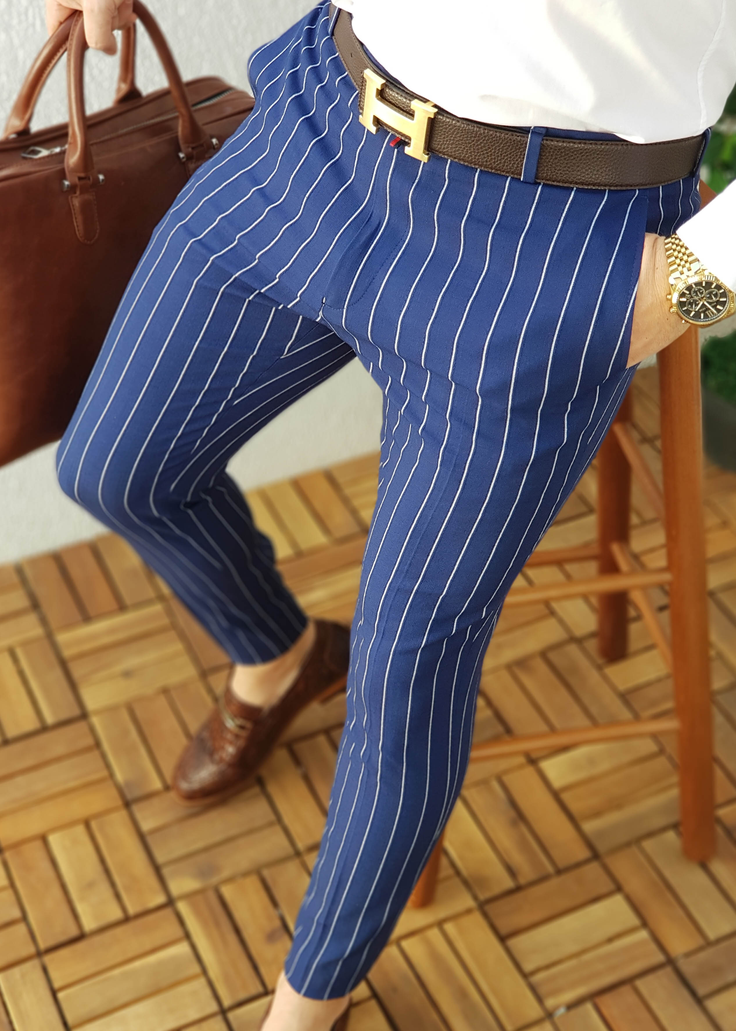 Pantaloni de bărbați, Slim Fit, Bleumarin in dungi albe, conici - PN226