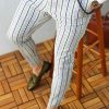 Pantaloni eleganți de bărbați, Slim Fit, Albi cu dungi albastre/verzi - PN217