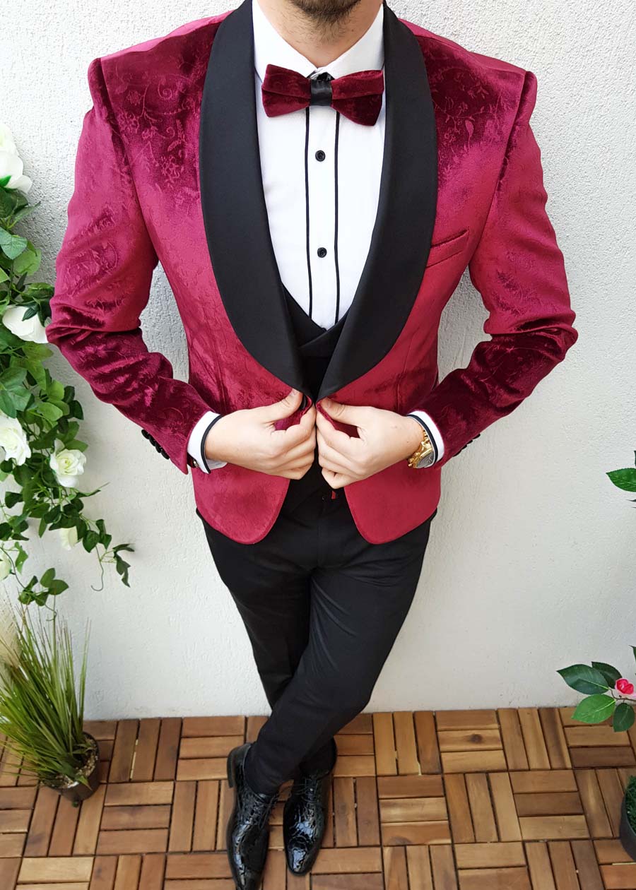 Costum catifea barbati Slim Fit ceremonie, Sacou, Vesta si Pantalon - C920