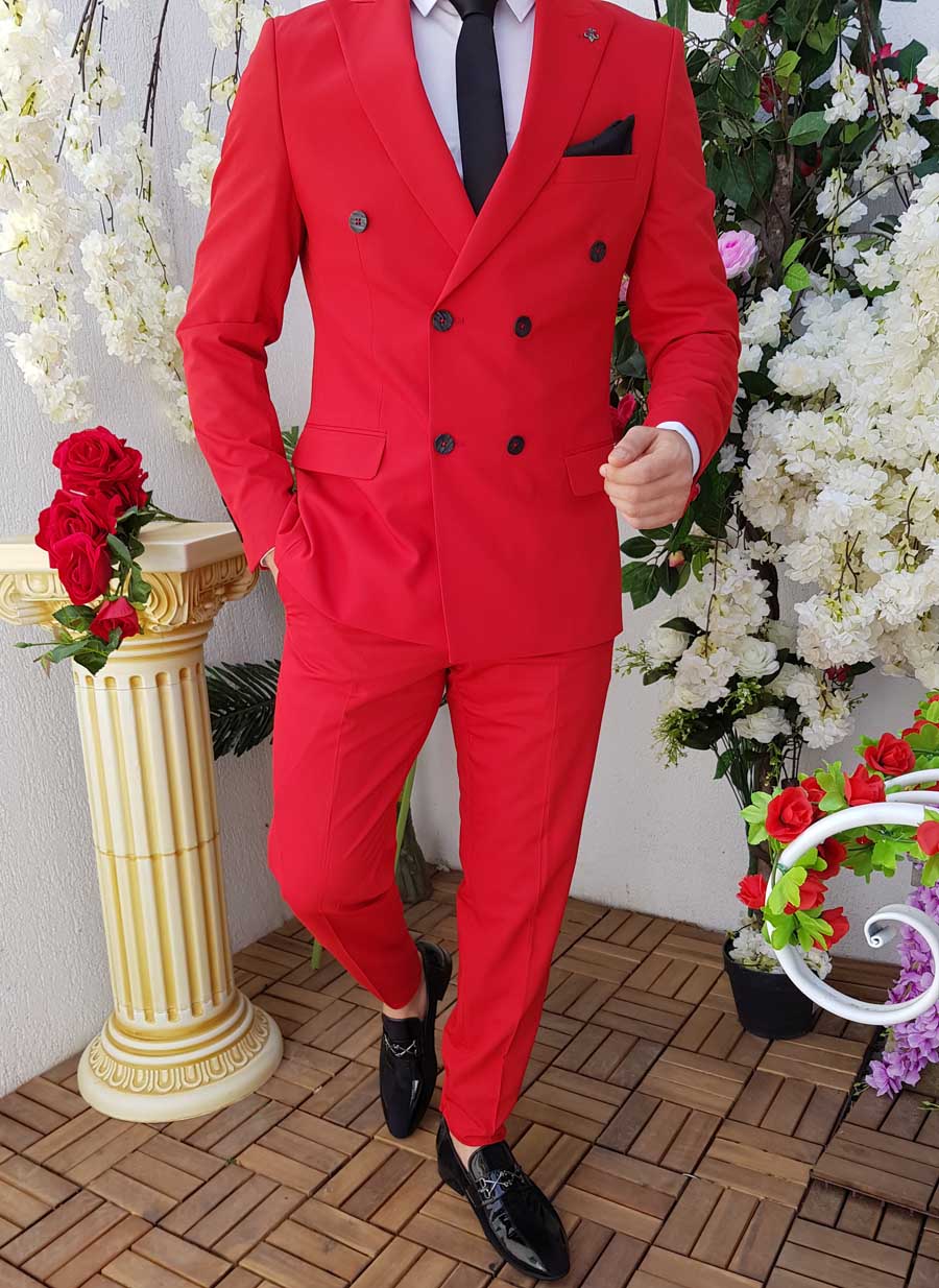 Costum Slim Fit de barbati rosu 2 piese: sacou si pantalon - C1140 - imagine 2