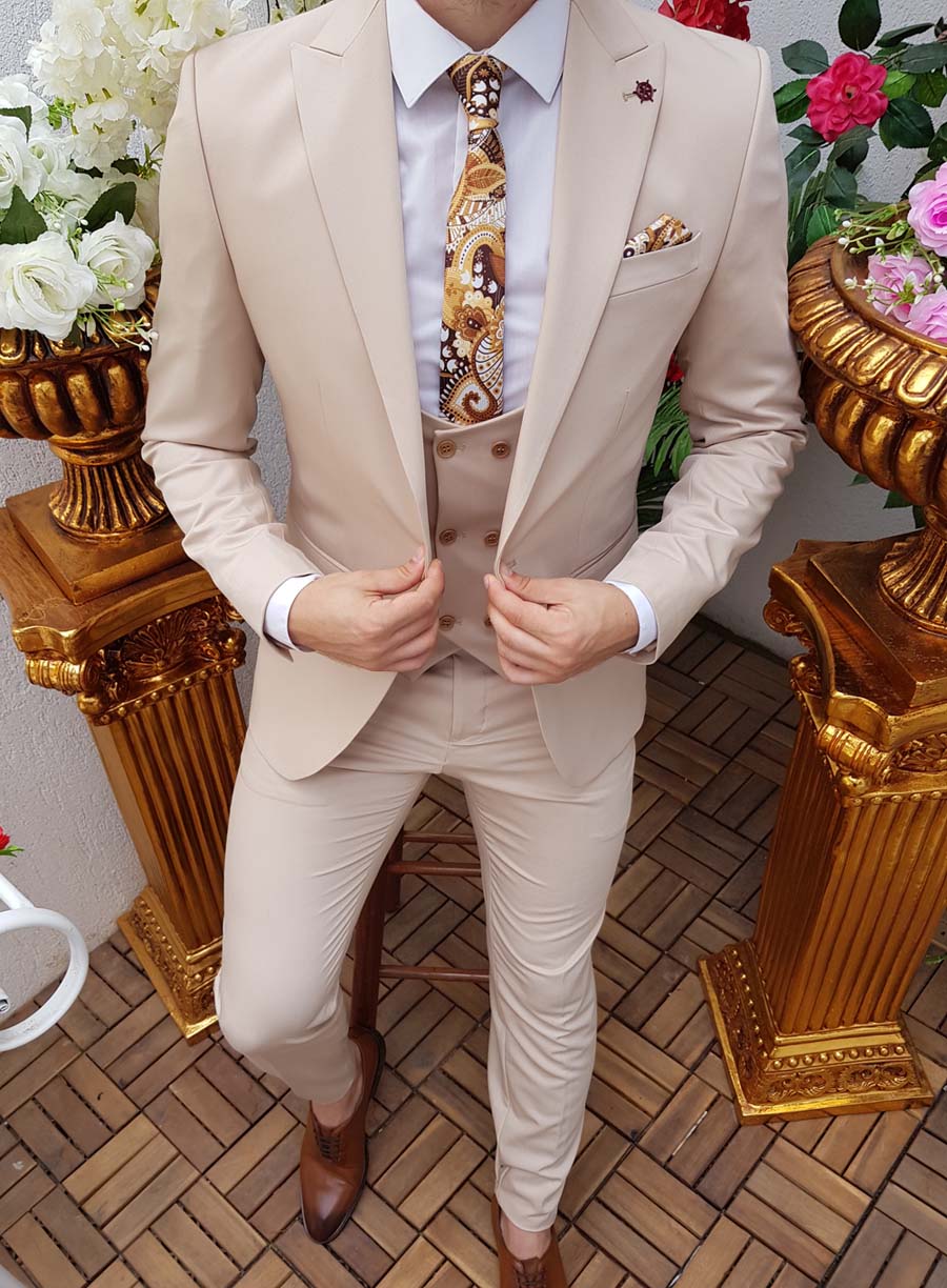 Costum de bărbați, Slim Fit, Crem, Sacou si Pantalon - C3909