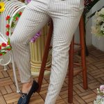 Pantaloni Score, Slim Fit, crem cu dungi bleumarin, conici - PN303