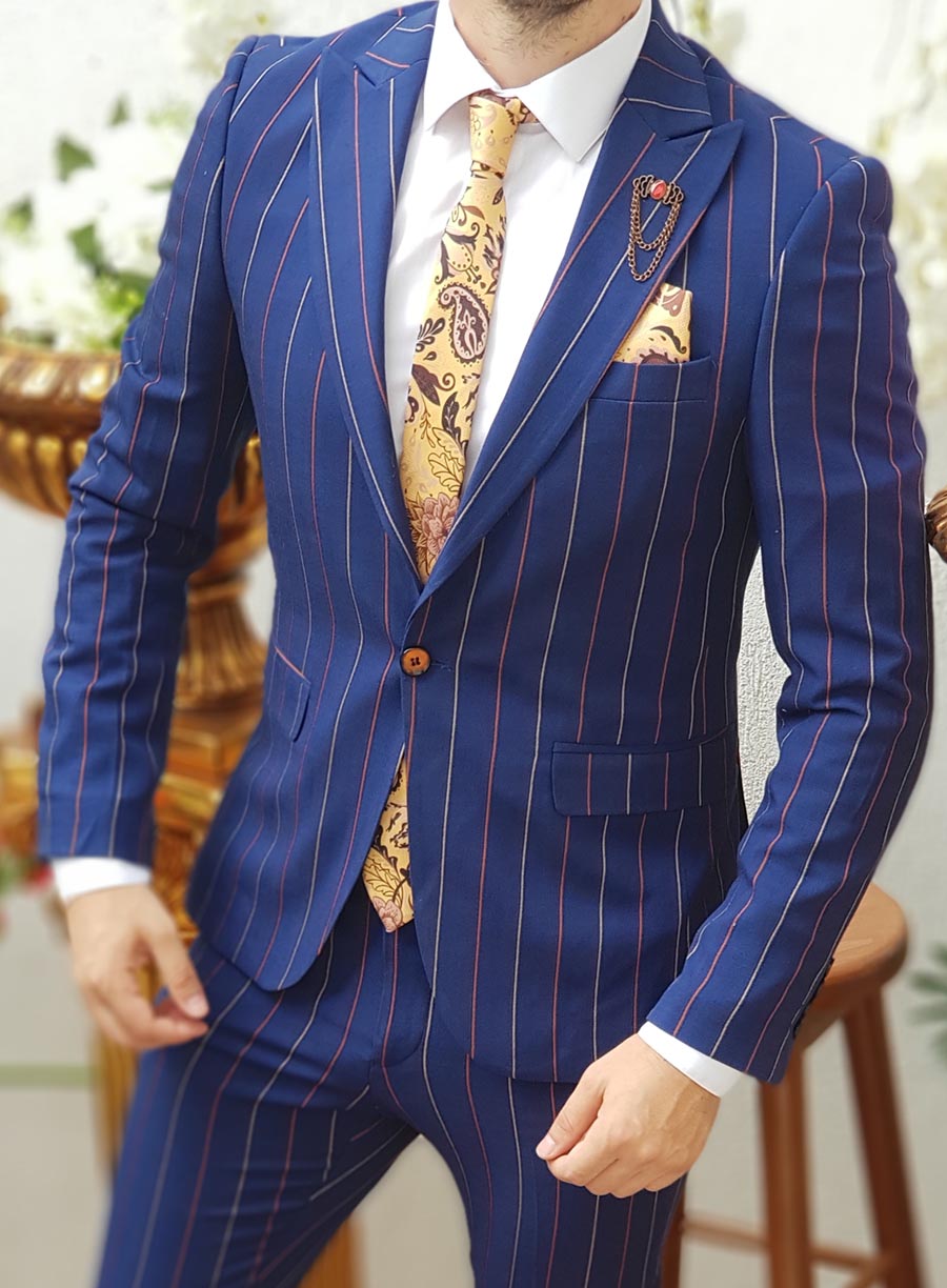 Sacou bleumarin slim fit in dungi maro si alb - sc255