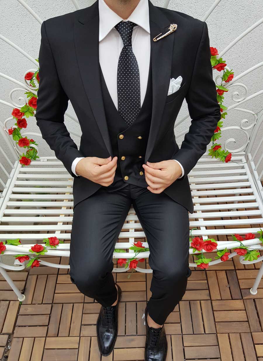 Costum de barbati, Slim Fit, Negru, Vesta cu butoni aurii, Sacou si Pantalon - C147 - imagine 5