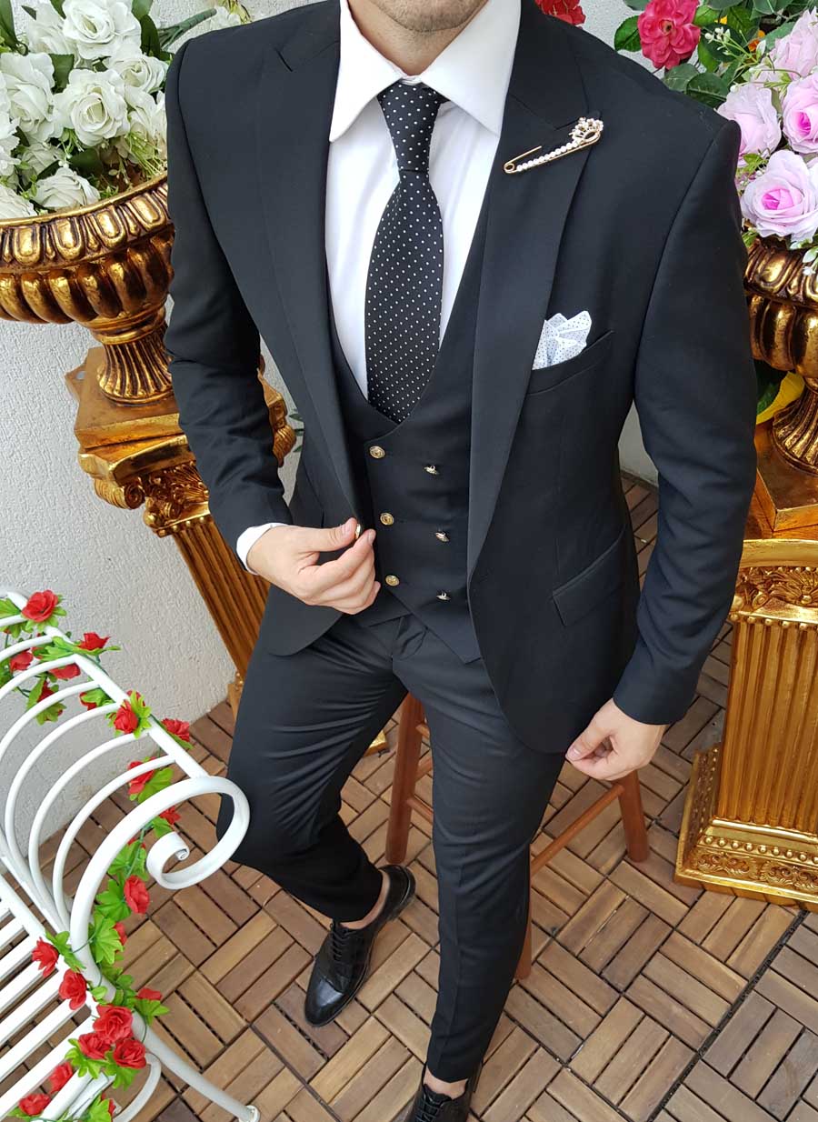 Costum de barbati, Slim Fit, Negru, Vesta cu butoni aurii, Sacou si Pantalon - C147 - imagine 6