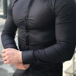 Chemise noire pour homme, coupe slim, col tunique - CM260