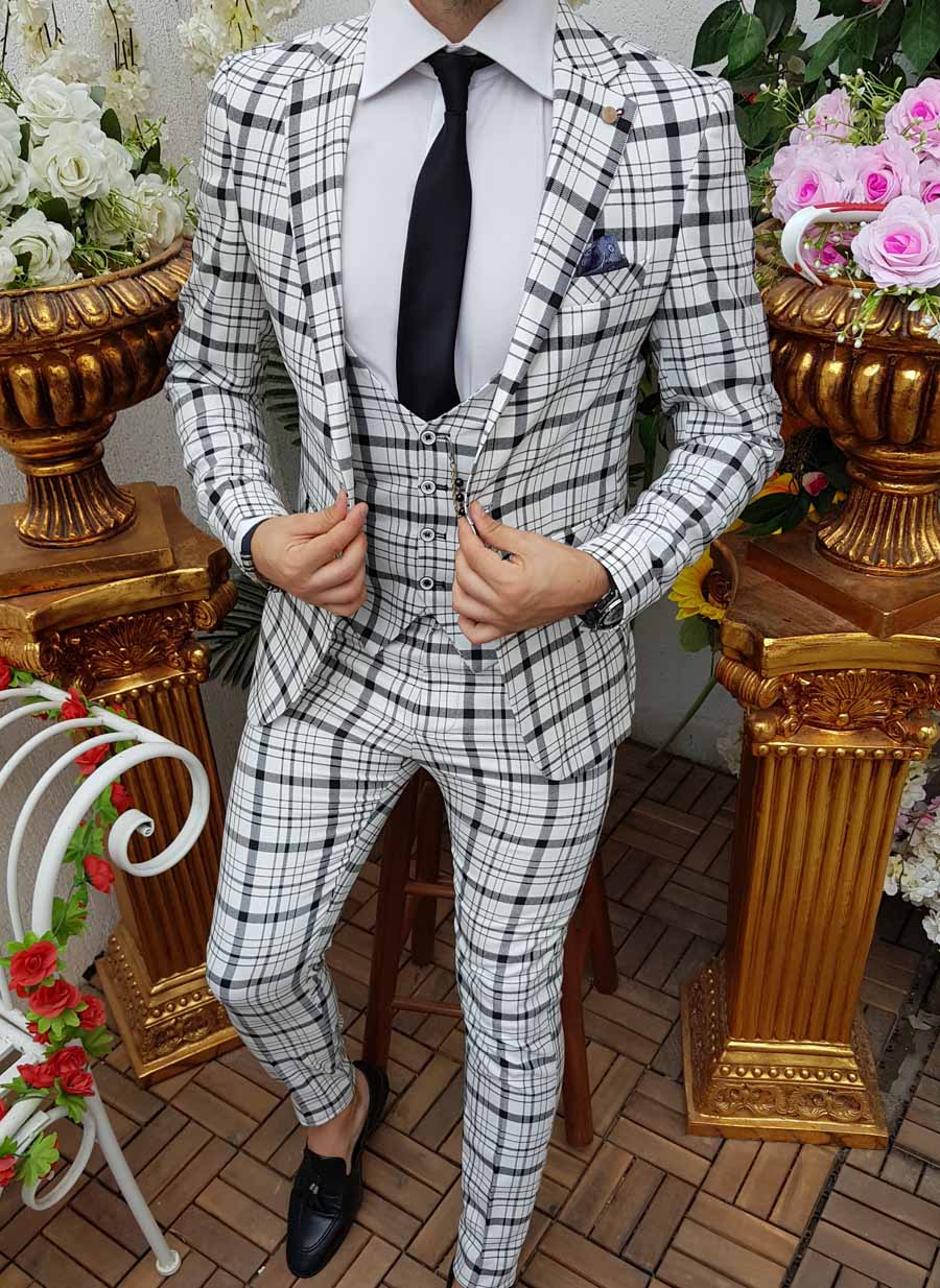 Costum de barbati, Slim Fit, Alb in carouri negre, Sacou, Vesta si Pantalon - C1431 - imagine 2