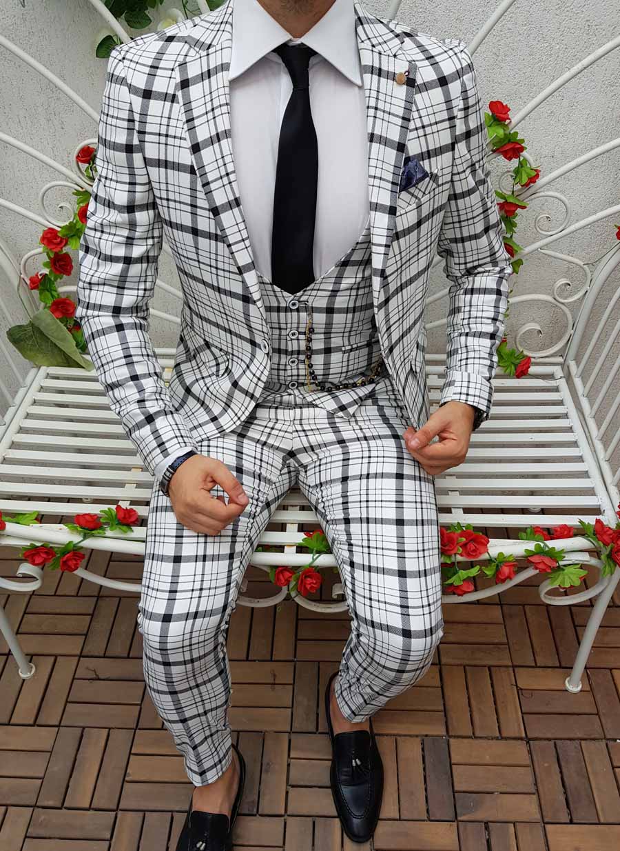 Costum de barbati, Slim Fit, Alb in carouri negre, Sacou, Vesta si Pantalon - C1431 - imagine 4
