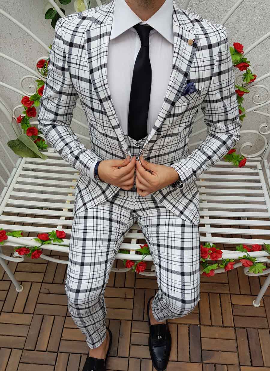 Costum de barbati, Slim Fit, Alb in carouri negre, Sacou, Vesta si Pantalon - C1431 - imagine 3