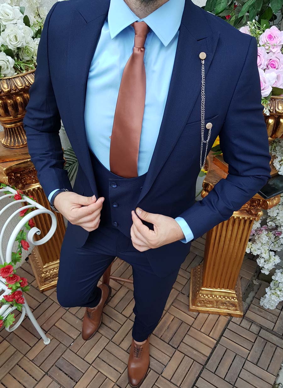 Costum de barbati, Slim Fit, Bleumarin, Sacou, Vesta si Pantalon - C1430 - imagine 2