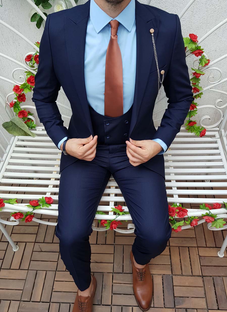 Costum de barbati, Slim Fit, Bleumarin, Sacou, Vesta si Pantalon - C1430 - imagine 4