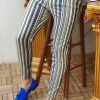 Pantaloni de bărbați, Slim Fit, Bleumarin cu dungi galbene, elastici si conici - PN342