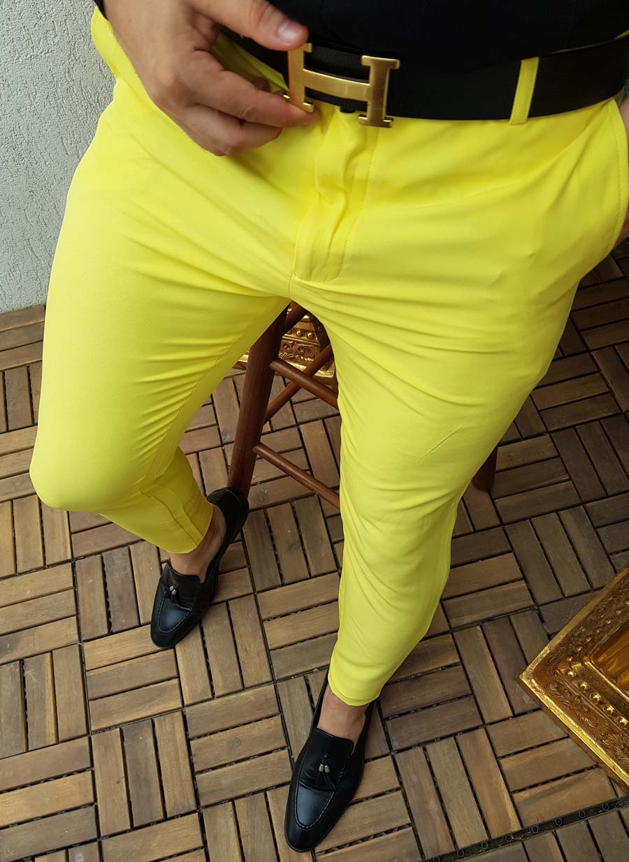Pantaloni eleganti de barbati, Slim Fit, Galben lemon, Elastici, Conici - PN340
