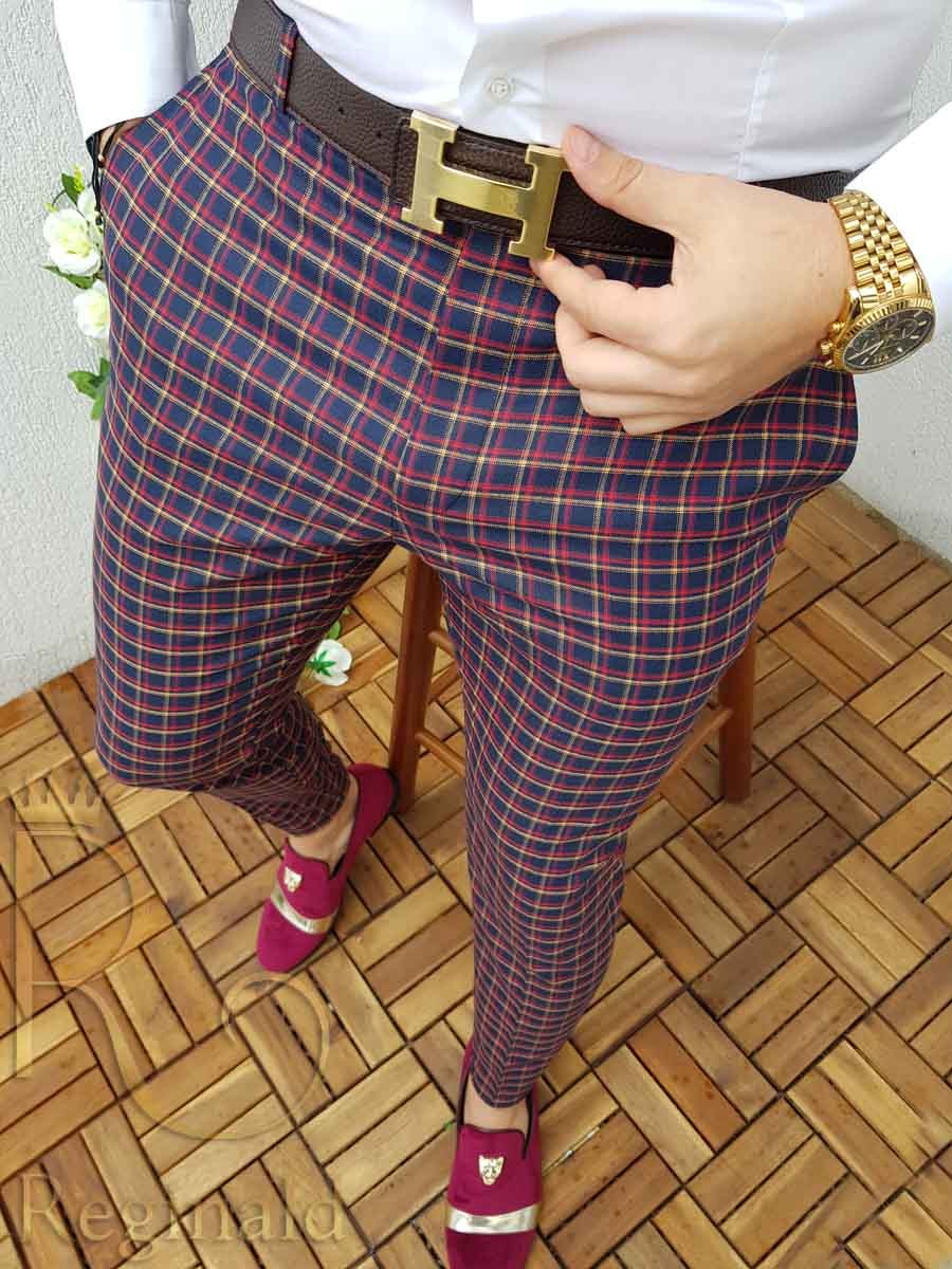 Pantalon bleumarin in carouri galbene si rosii Slim-Fit, conici - PN244