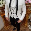 Costum Alb de ceremonie, Slim Fit, Sacou, Vesta, Pantalon Negru, Cravata - C1460