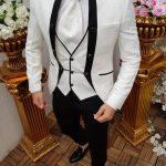 Costum Alb de ceremonie, Slim Fit, Sacou, Vesta, Pantalon Negru, Cravata - C1460