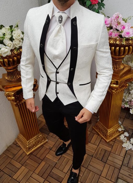 White Formal Suit, Slim Fit, Jacket, Vest, Black Pants, Tie - C1460