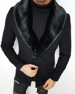 palton negru slim fit cu blana