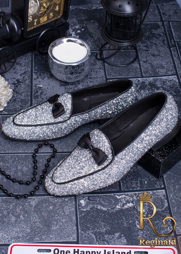 Pantofi Loafers de barbati, cu sclipici argintiu - P1071