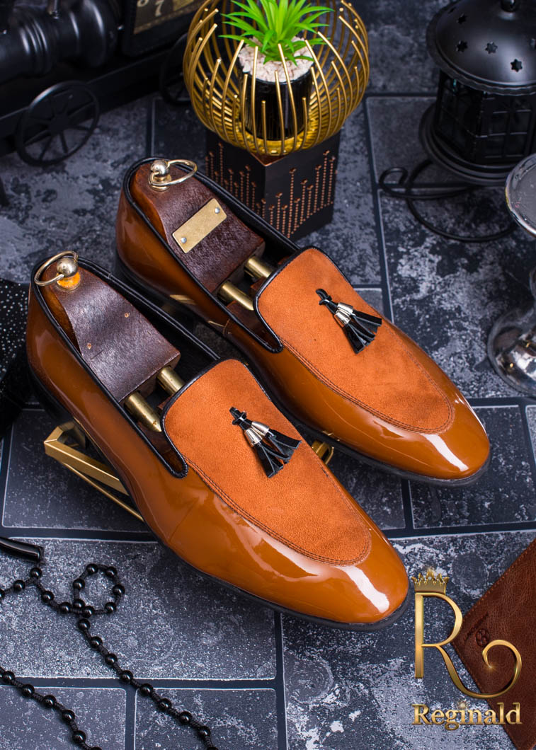 Pantofi de barbati / LOAFERS, Maro lacuiti cu piele intoarsa si ciucuri - P265