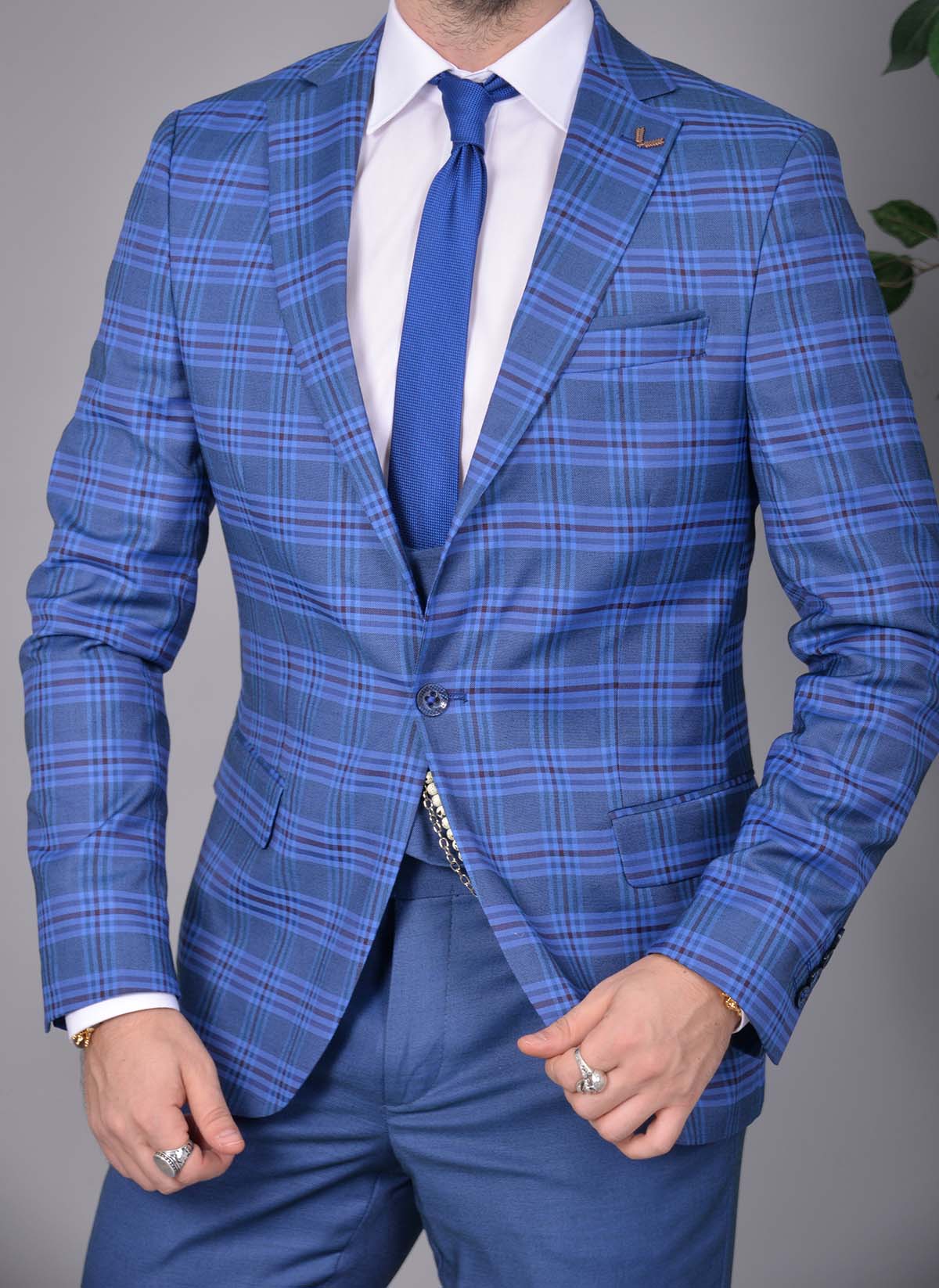 Costum de barbati, Slim Fit, Albastru in carouri, Sacou si Pantalon - C3223 - imagine 2