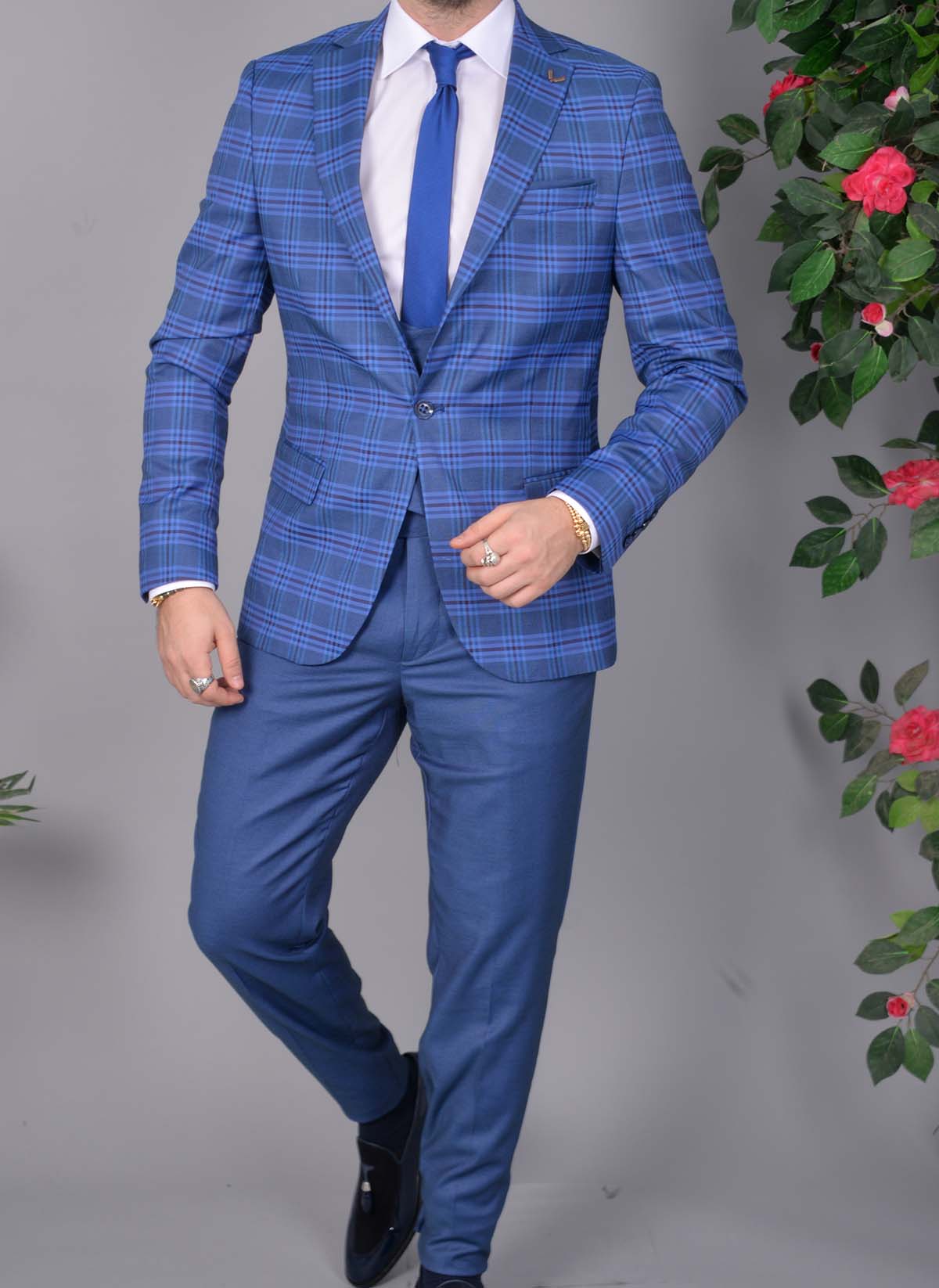 Costum de barbati, Slim Fit, Albastru in carouri, Sacou si Pantalon - C3223