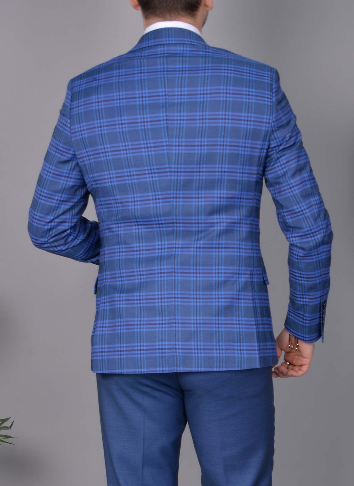 Costum de barbati, Slim Fit, Albastru in carouri, Sacou si Pantalon - C3223 - imagine 3