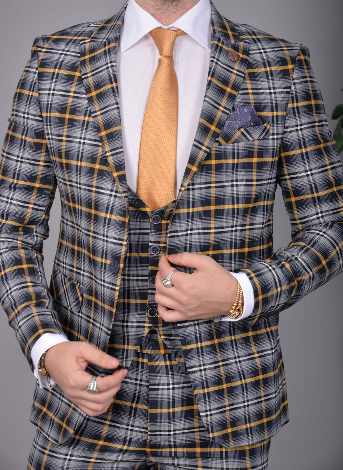 Costum in carouri de barbati slim fit: Sacou, Vesta, Pantalon - C1521 - imagine 2