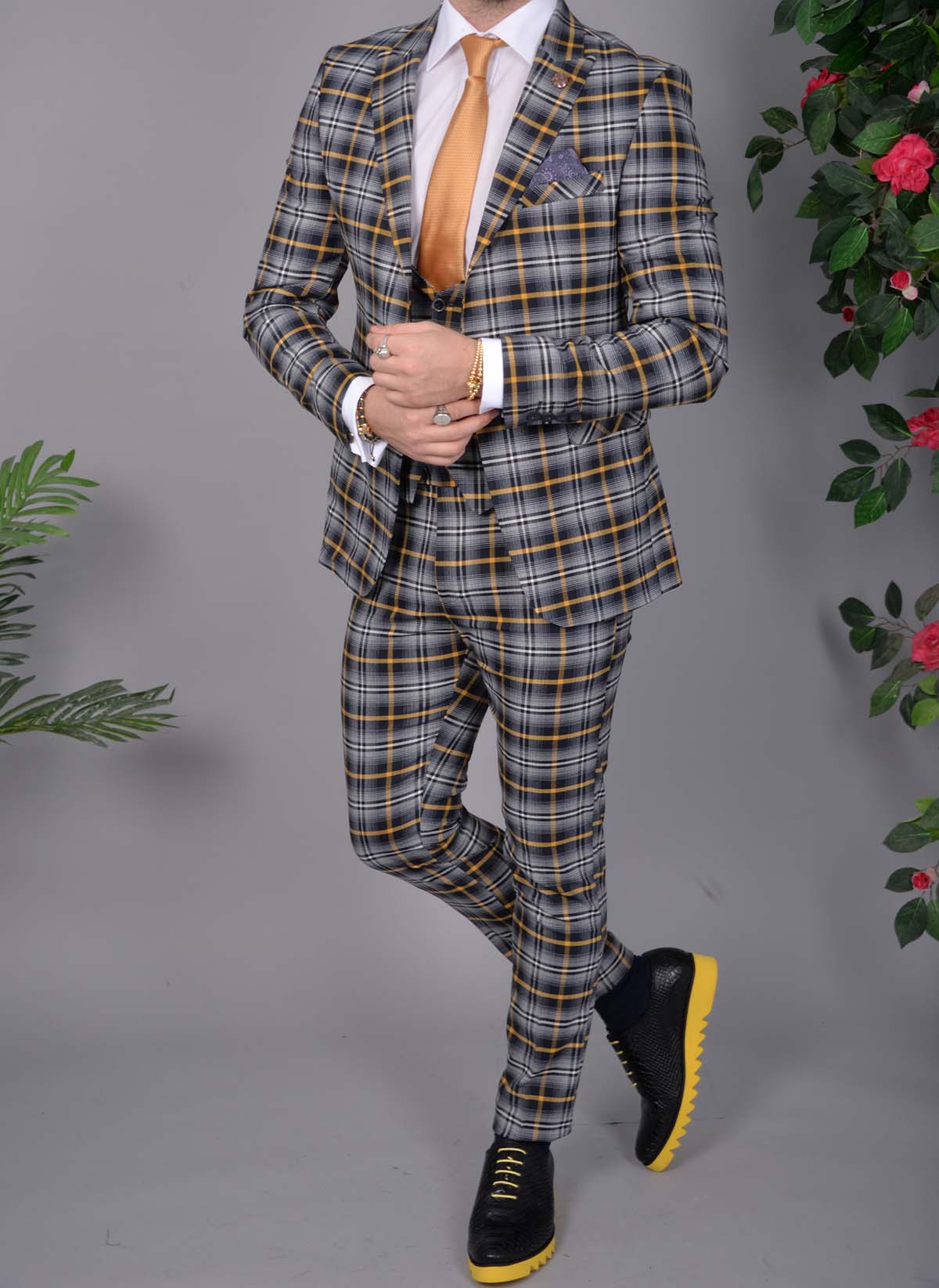 Costum in carouri de barbati slim fit: Sacou, Vesta, Pantalon - C1521 - imagine 7