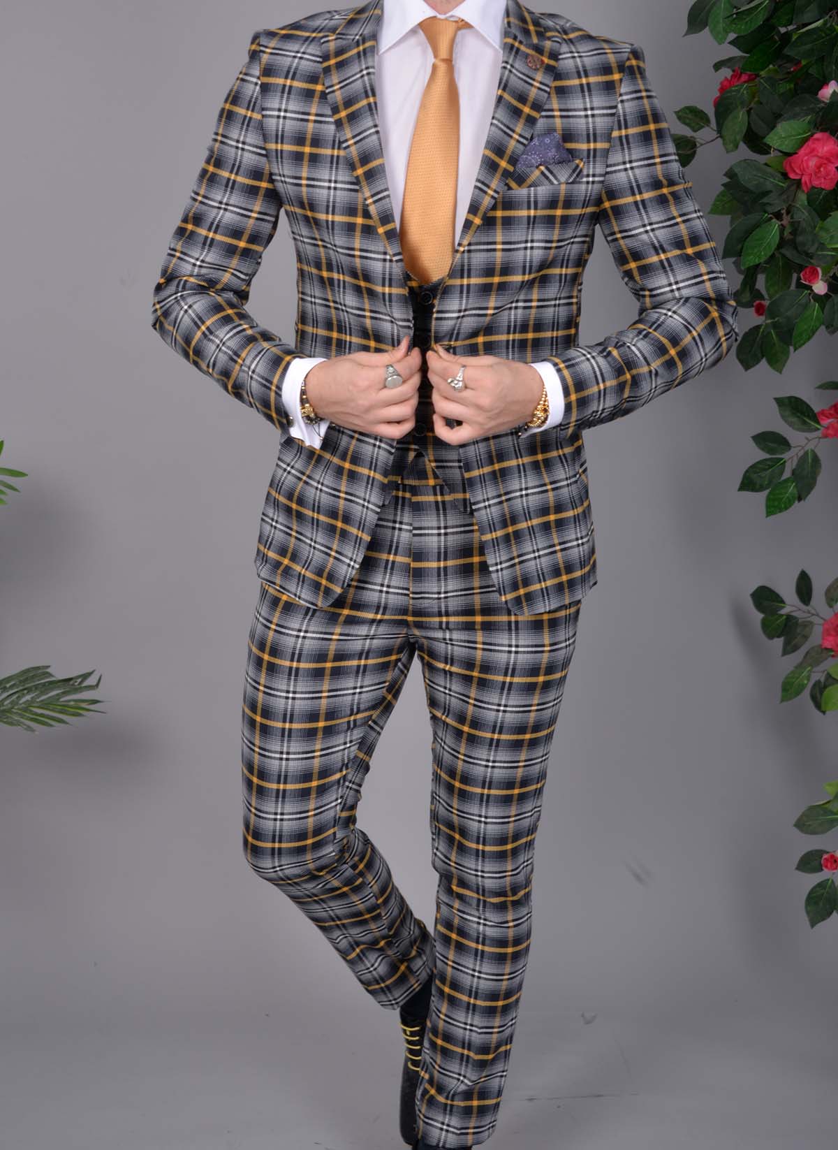 Costum in carouri de barbati slim fit: Sacou, Vesta, Pantalon - C1521 - imagine 5