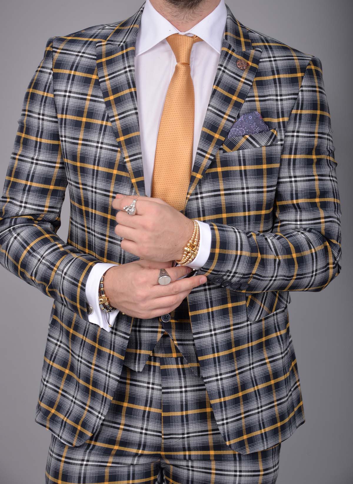 Costum in carouri de barbati slim fit: Sacou, Vesta, Pantalon - C1521 - imagine 8