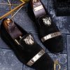 Pantofi Loafers, Piele întoarsă neagra, cu cap de leu auriu - P210