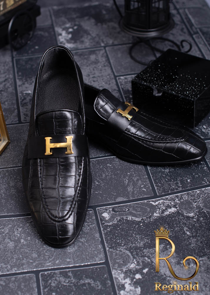 Pantofi Mocasini / Loafers negri piele Croc texture - P700