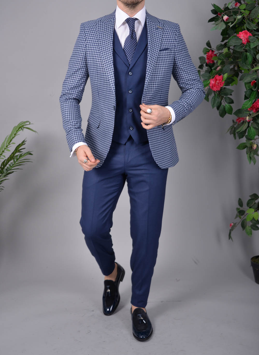 Costum de barbati, Slim Fit, Bleumarin, Sacou, Vesta si Pantalon - C1527 - imagine 13