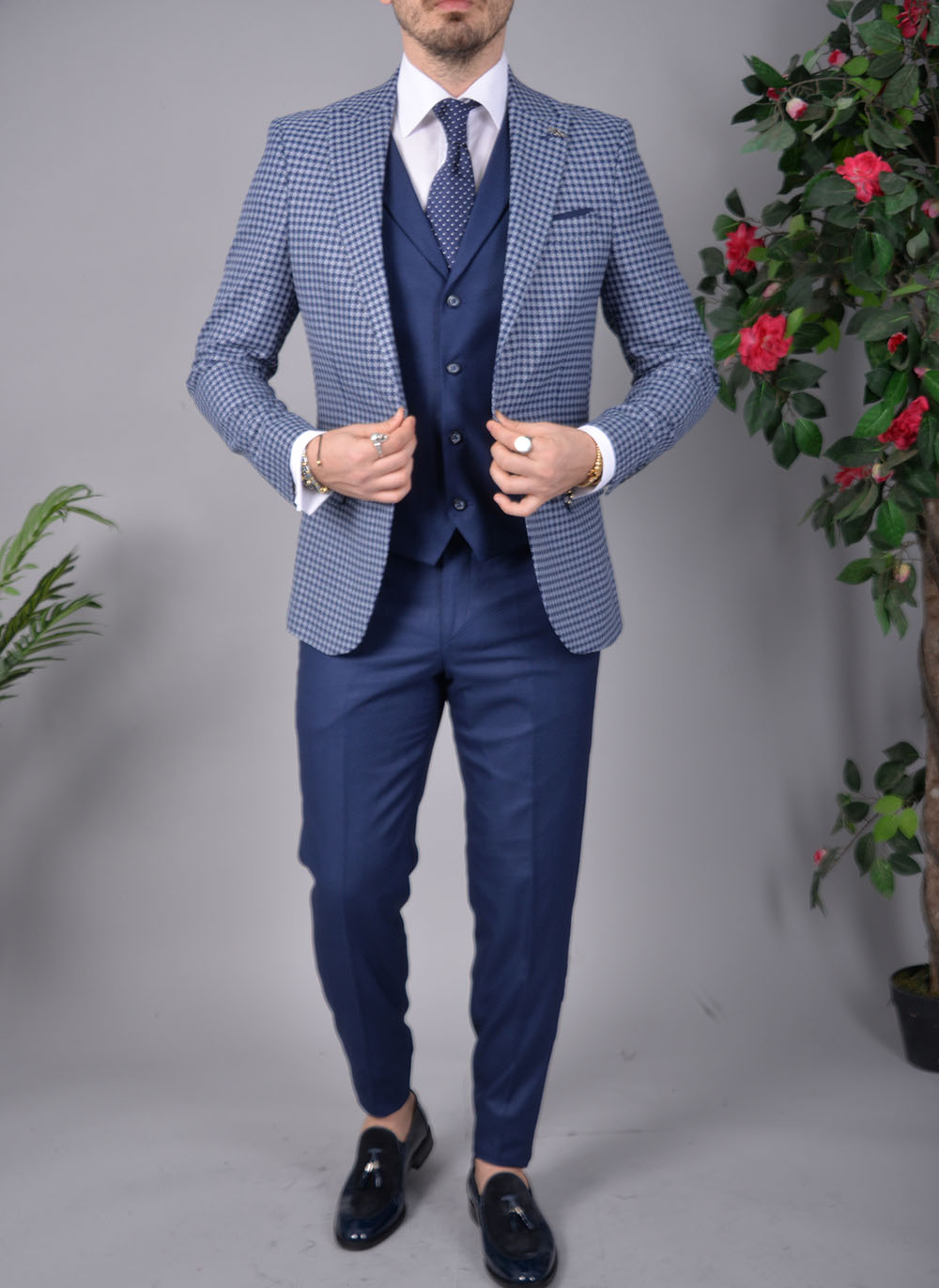 Costum de barbati, Slim Fit, Bleumarin, Sacou, Vesta si Pantalon - C1527 - imagine 9