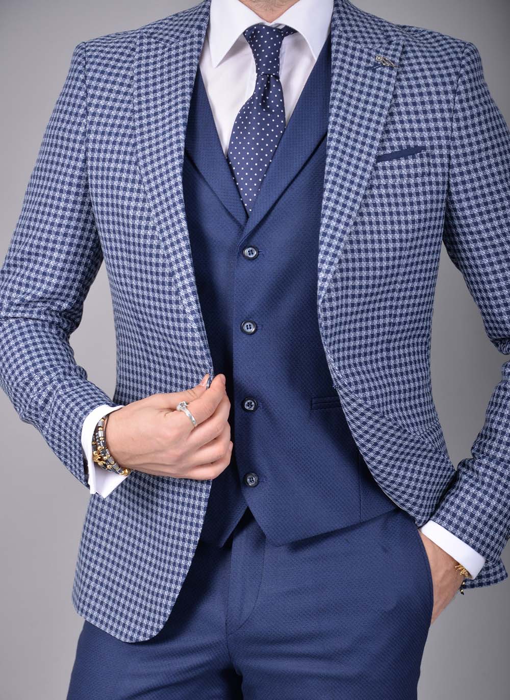 Costum de barbati, Slim Fit, Bleumarin, Sacou, Vesta si Pantalon - C1527 - imagine 2