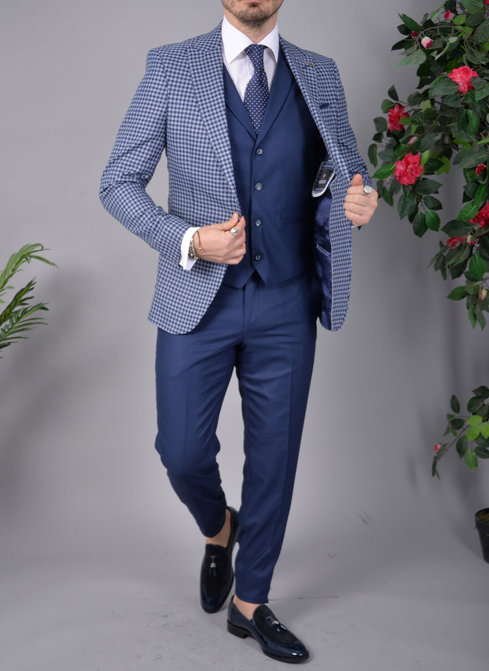 Costum de barbati, Slim Fit, Bleumarin, Sacou, Vesta si Pantalon - C1527 - imagine 12