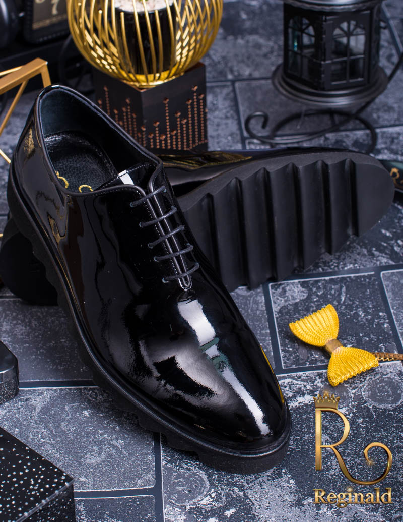 Pantofi Sport negri din piele naturala lacuita cu talpa inalta neagra - P1145