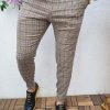 Pantaloni de barbati, Slim Fit,  bej cu carouri verzi si galbene - PN387