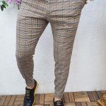Men's trousers, Slim Fit, beige with green and yellow check - PN387