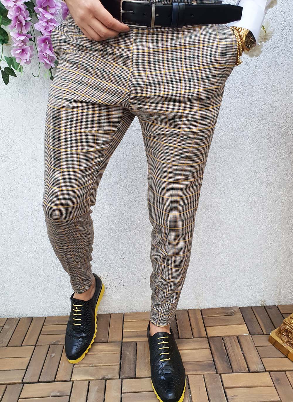 Pantaloni de barbati, Slim Fit, bej cu carouri verzi si galbene - PN387
