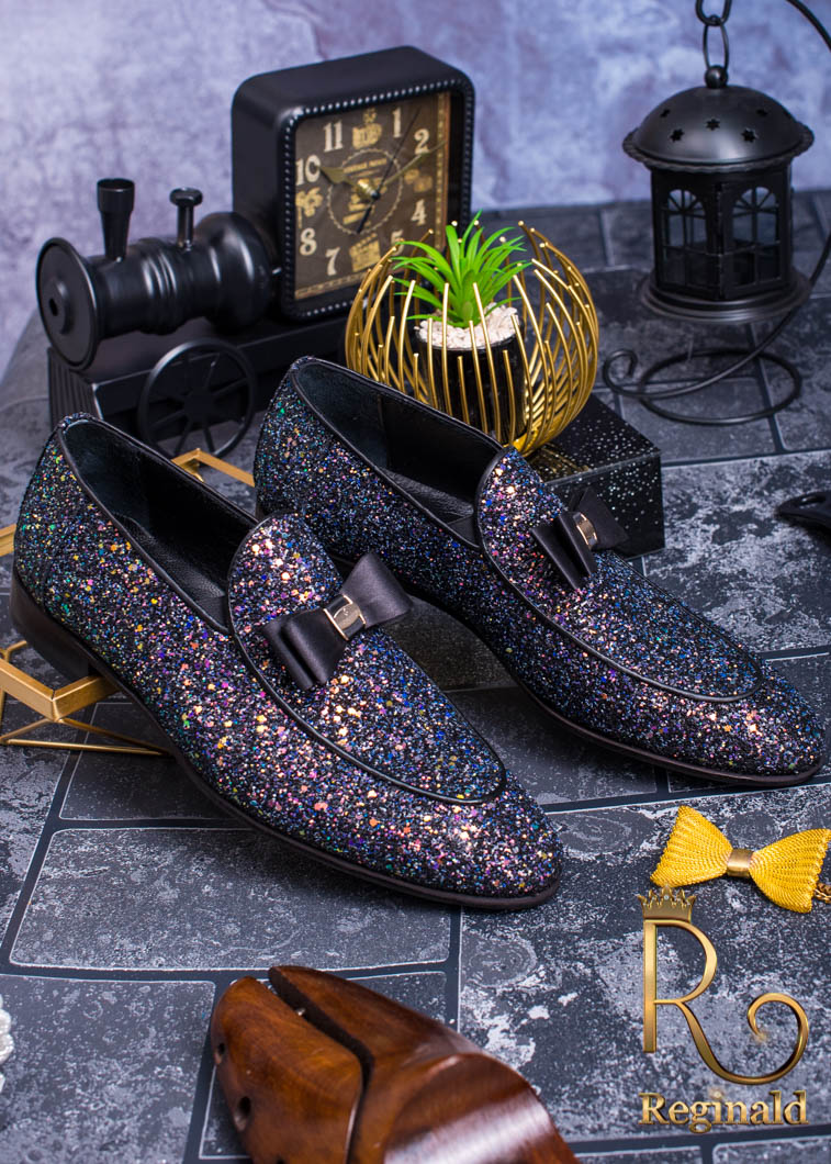 Loafers / Mocasini Reginald, Piele naturala cu glitter, Funda neagra - P1066 - imagine 2