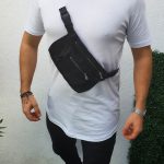 Men's long slim fit t-shirt, white with street style bum bag - TR51